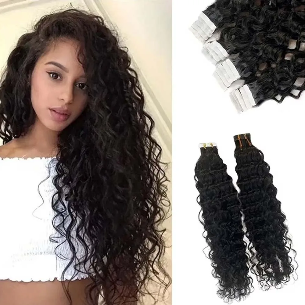 

Накладные волосы Deep Wave на ленточной основе # Натуральные черные волосы 1B, накладные пряди на ленте, бесшовные, с двусторонней лентой, кудрявые волосы.