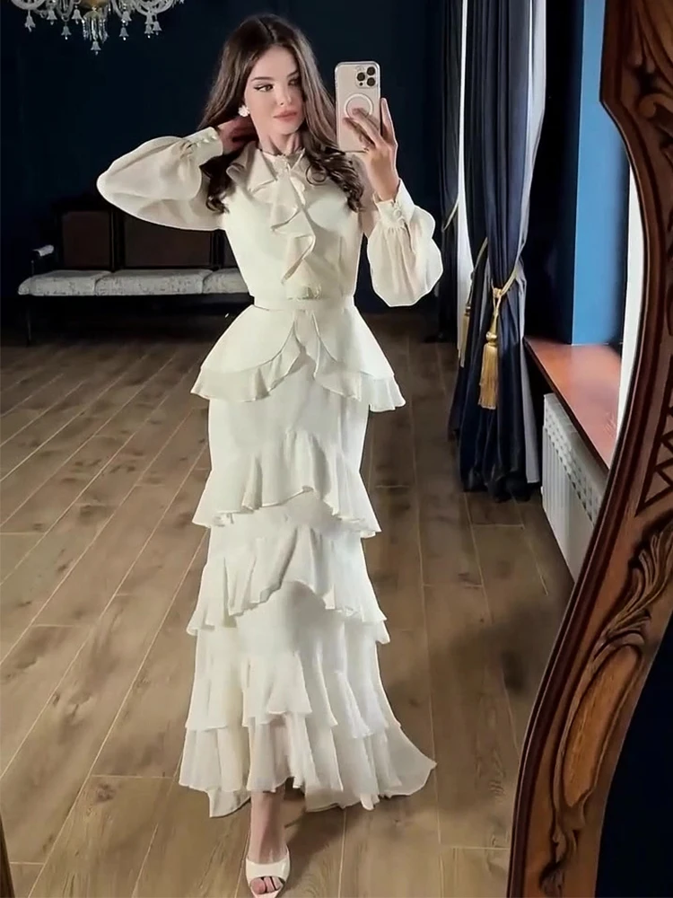 Elegante witte gelaagde geruite maxi jurk voor dames, O-hals, lange mouwen, hoge taille, slanke lange jurk, 2026, effen, vakantie, feestjurk - afbeelding 2