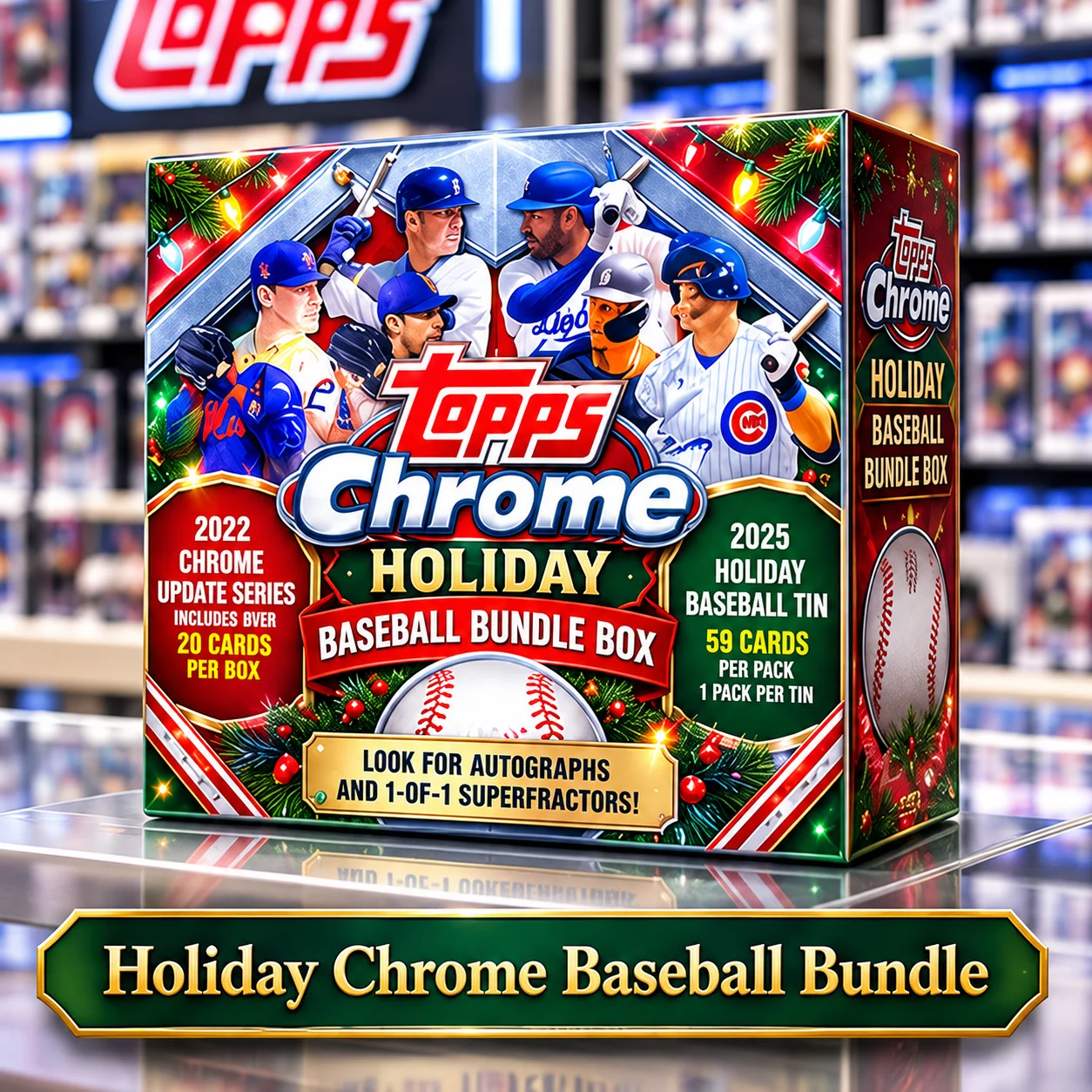 2022 Topps Chrome Update Series Baseball Hanger Box With 2025 Topps Holiday Baseball Tin, 79 Total Cards, Look for 9 Exclusive Pink Wave And Holiday Lights Parallels Plus 1 Holiday SP on Average