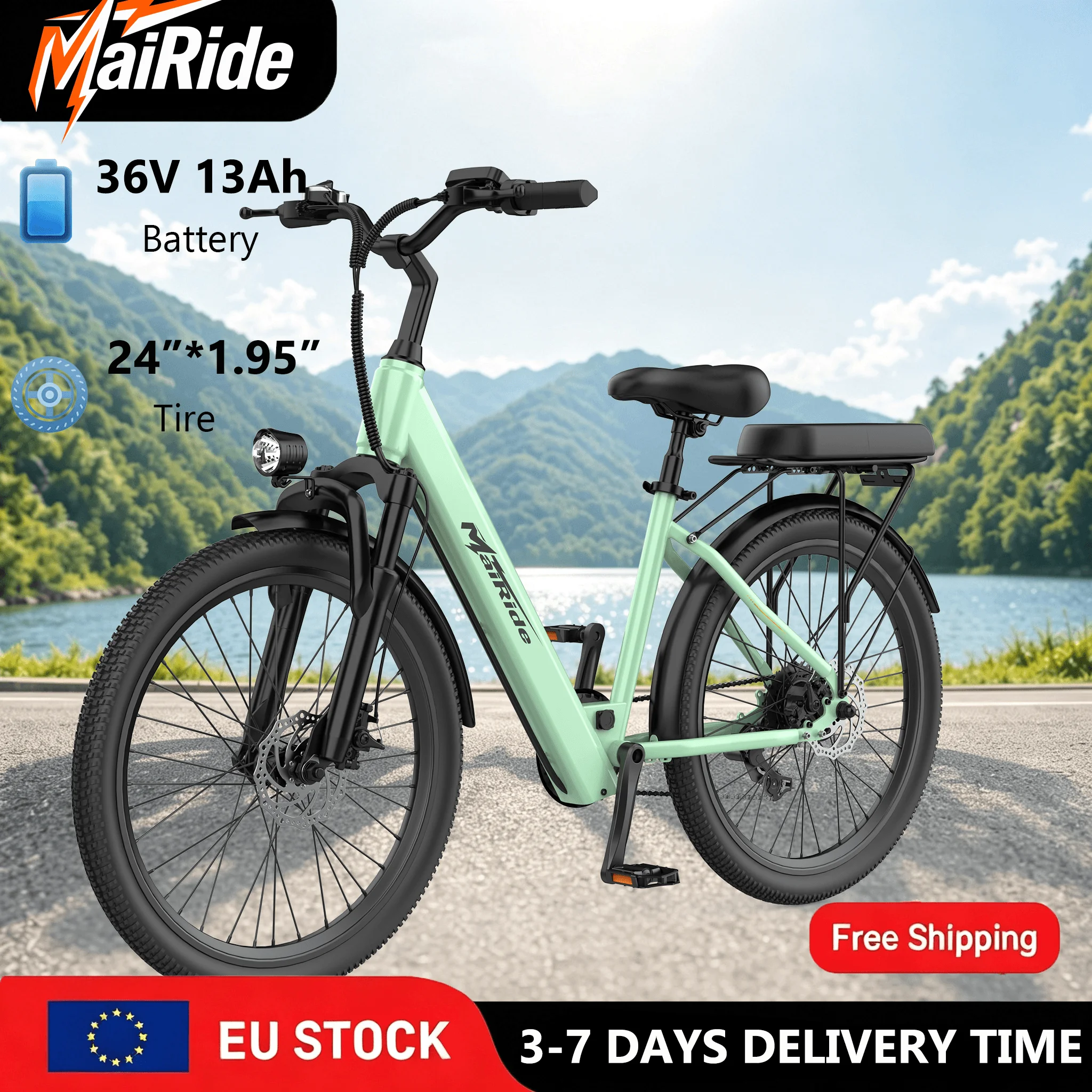 Bicicleta eléctrica SU7 City, cuadro bajo, motor 250W 50Nm, batería 36V 13Ah, autonomía 75km, 7 velocidades, pantalla LCD, frenos de disco, ideal para adultos con comodidad y ocio.
