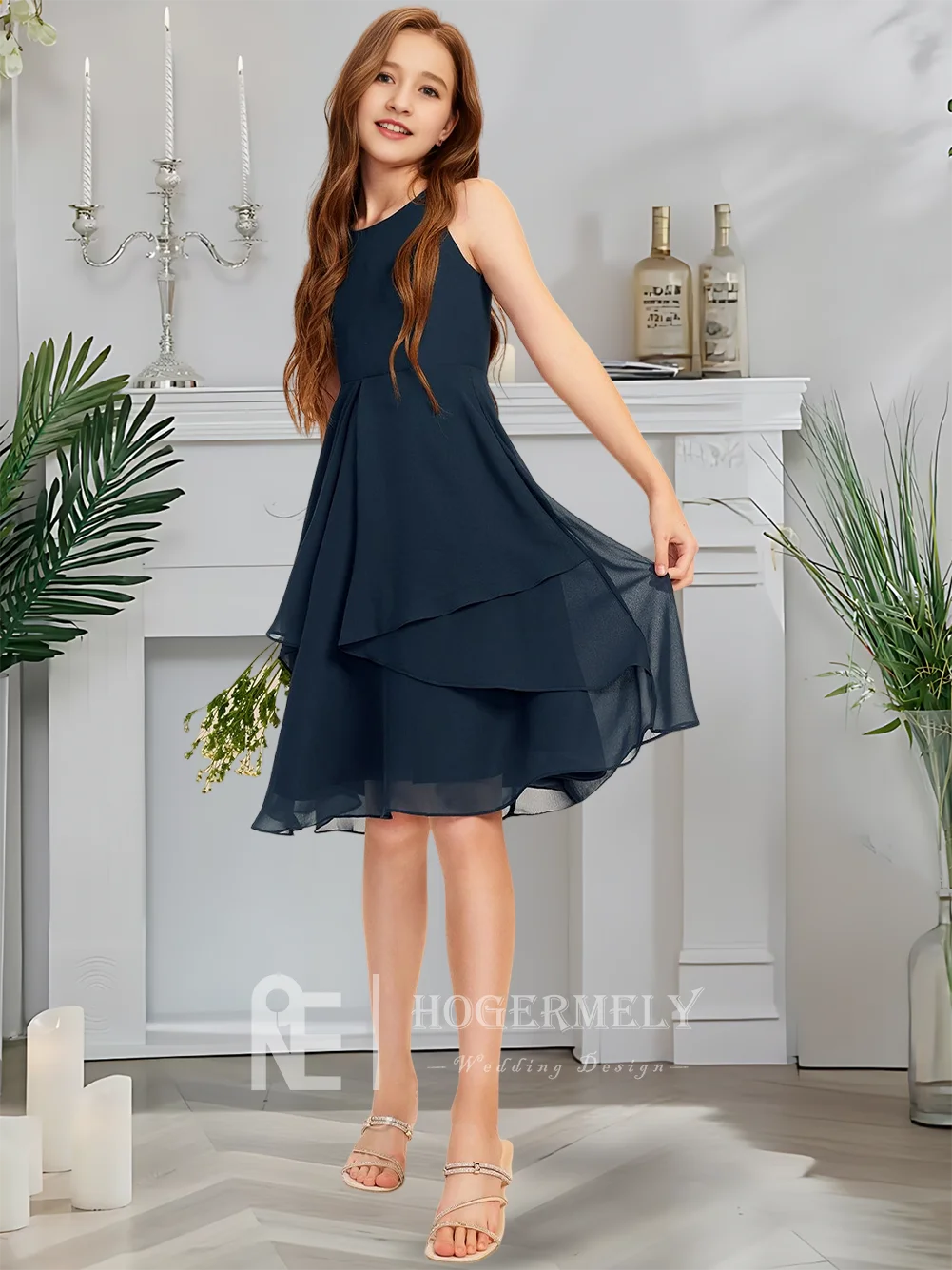 

B Scoop Junior Bridesmaid Dress Twilight Navy Flower Girl Dress Knee-Length Chiffon With Cascading Ruffles Wedding Party