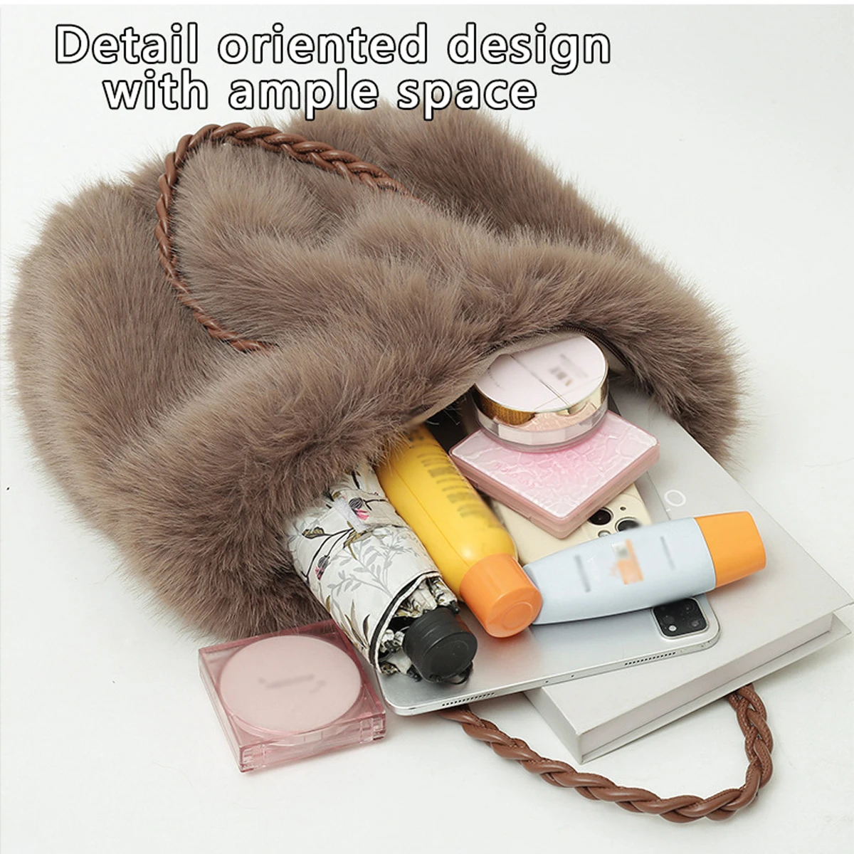 Women\'s Fashionable Plush Large Capacity Tote Bag High-end Pleated Fox Fur Shoulder Crossbody Bag Commuter Bag with Metal Chain