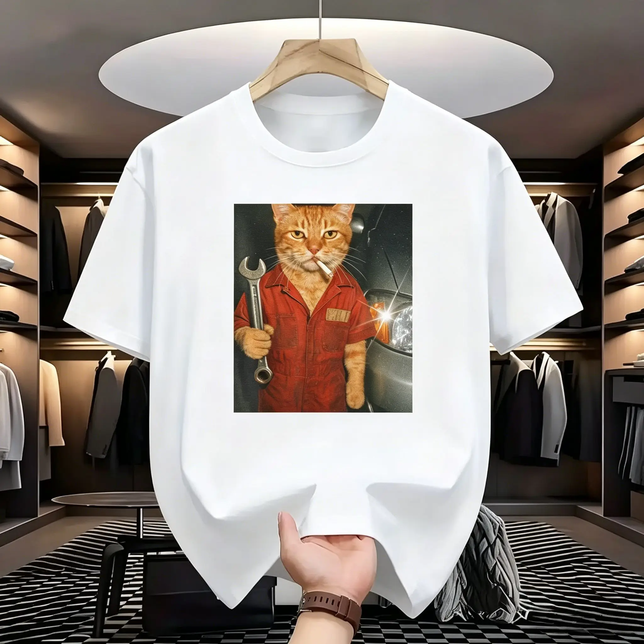 Men's Funny Graphic T-Shirt, Solid Black Base Mechanic Orange Cat With Wrench Garage Repair Kitten Print Soft Breathable Urban D