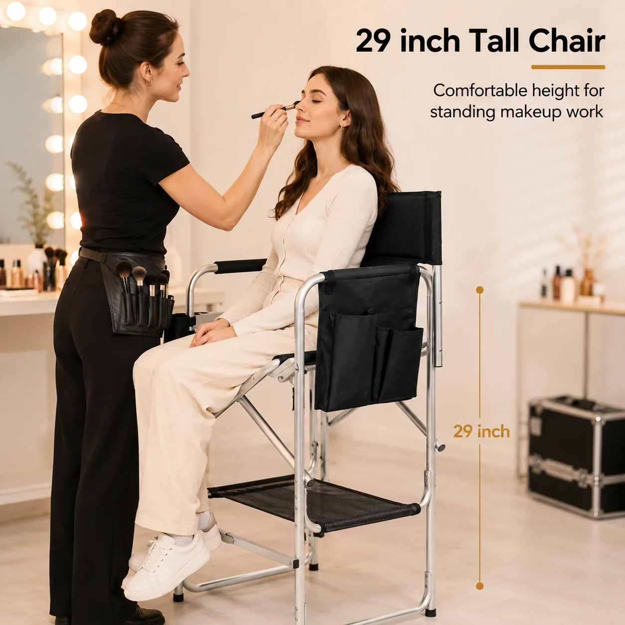 Simple Lightweight 28 Inch Salon Tall Aluminium Folding Director Chair Makeup Chairs