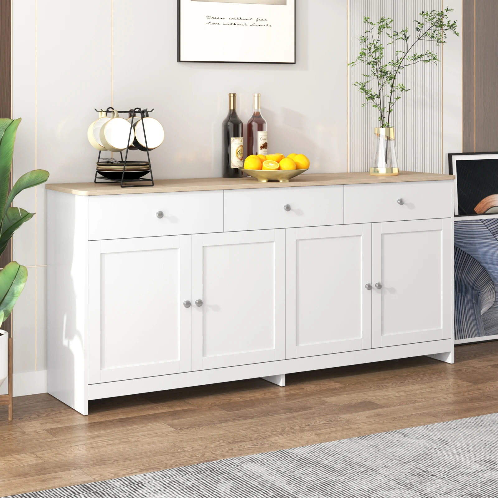 Credenza Anajqaqia, mobiletto portaoggetti, mobiletto multifunzione con 4 ante e 3 cassetti, adatto per soggiorno, bianco