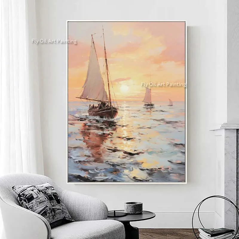 

Smooth Sailing Oil Painting Sunrise On The Sea Hand Painted Canvas Wall Art Decor Impression Seascape Painting For Home Office