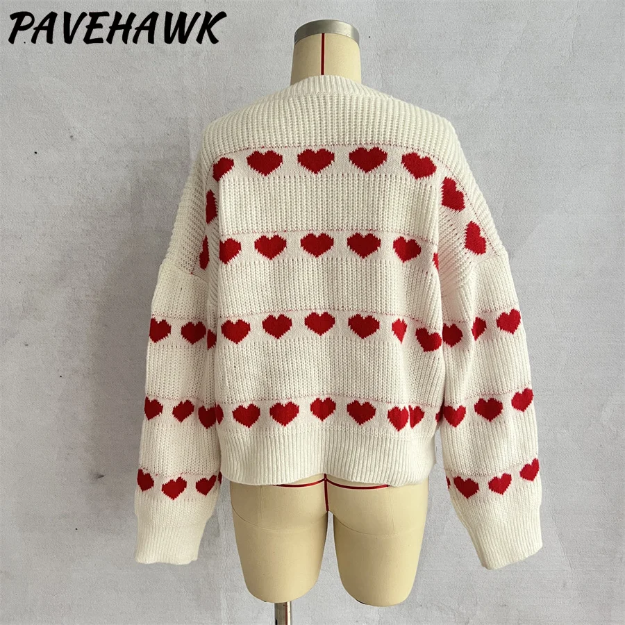 Women O Neck Heart Print Sweaters Loose Long Sleeve Patchwork Knitted Sweater Sweet Autumn Winter Pullover Knitwear Streetwear