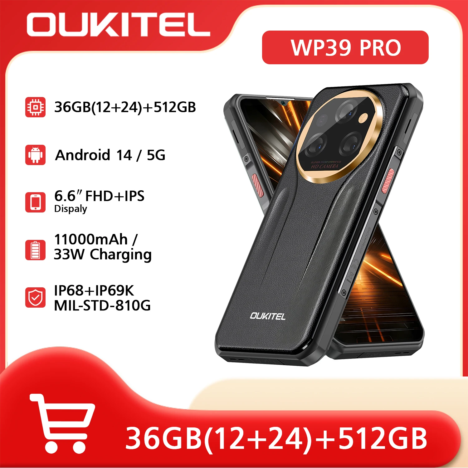 OUKITEL WP39 PRO Rugged Phone 5G Unlocked 2025-36GB+512GB/2TB Cell Phone, 11000mAh(33w) Battery, 6.6''FHD+Display Rugged Smartph