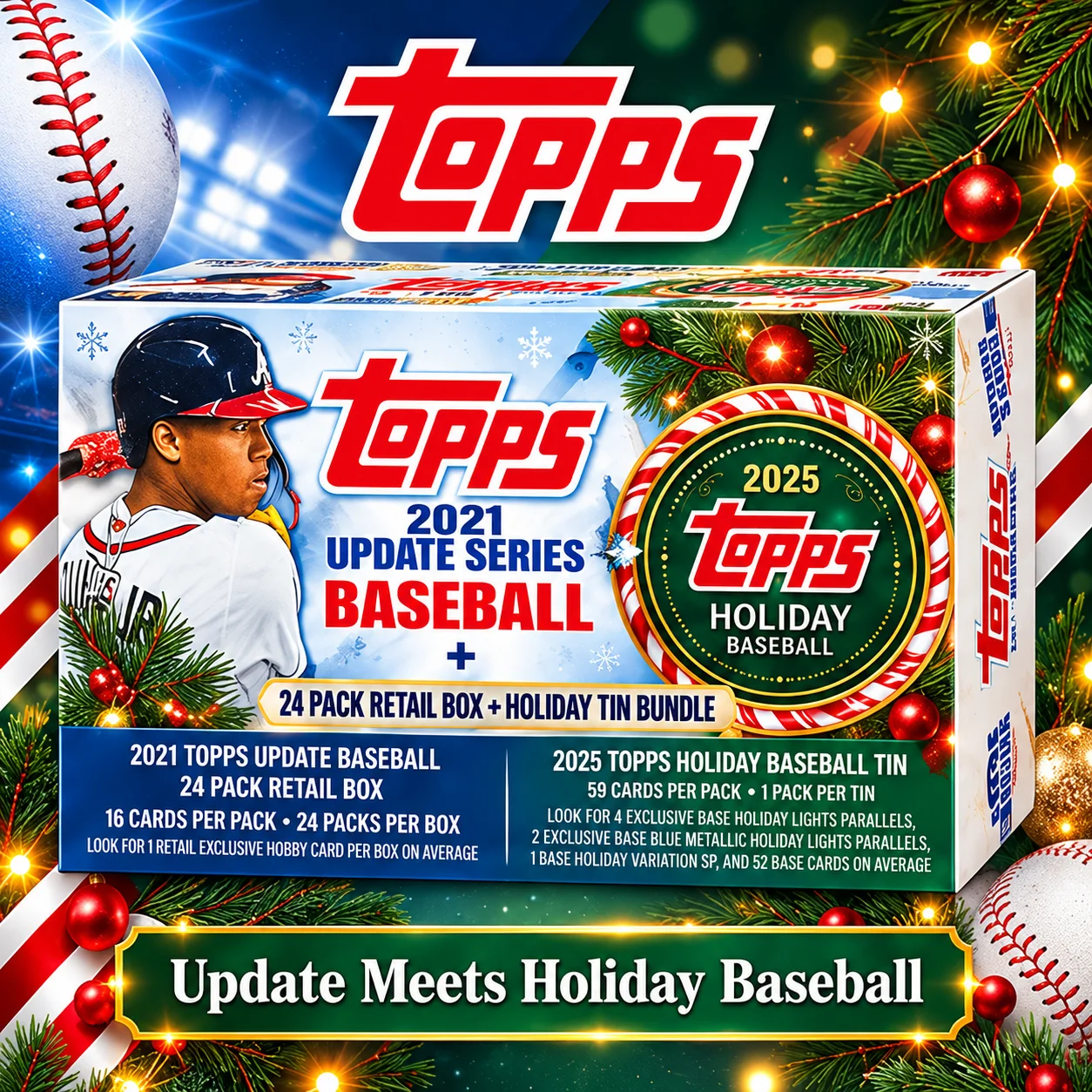 2021 Topps Update Baseball 24-Pack Retail Box With 2025 Topps Holiday Baseball Tin, 443 Total Cards, Look for 6 Exclusive Holiday Lights Parallels And 1 Holiday SP on Average
