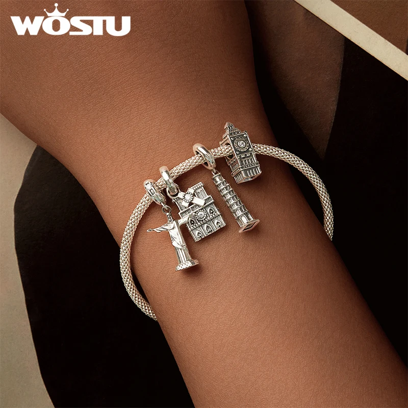 WOSTU 925 Sterling Silver World Famous Building Charms Big Ben Pendant Tower of Pisa Fit Original Bracelet DIY Jewelry Making