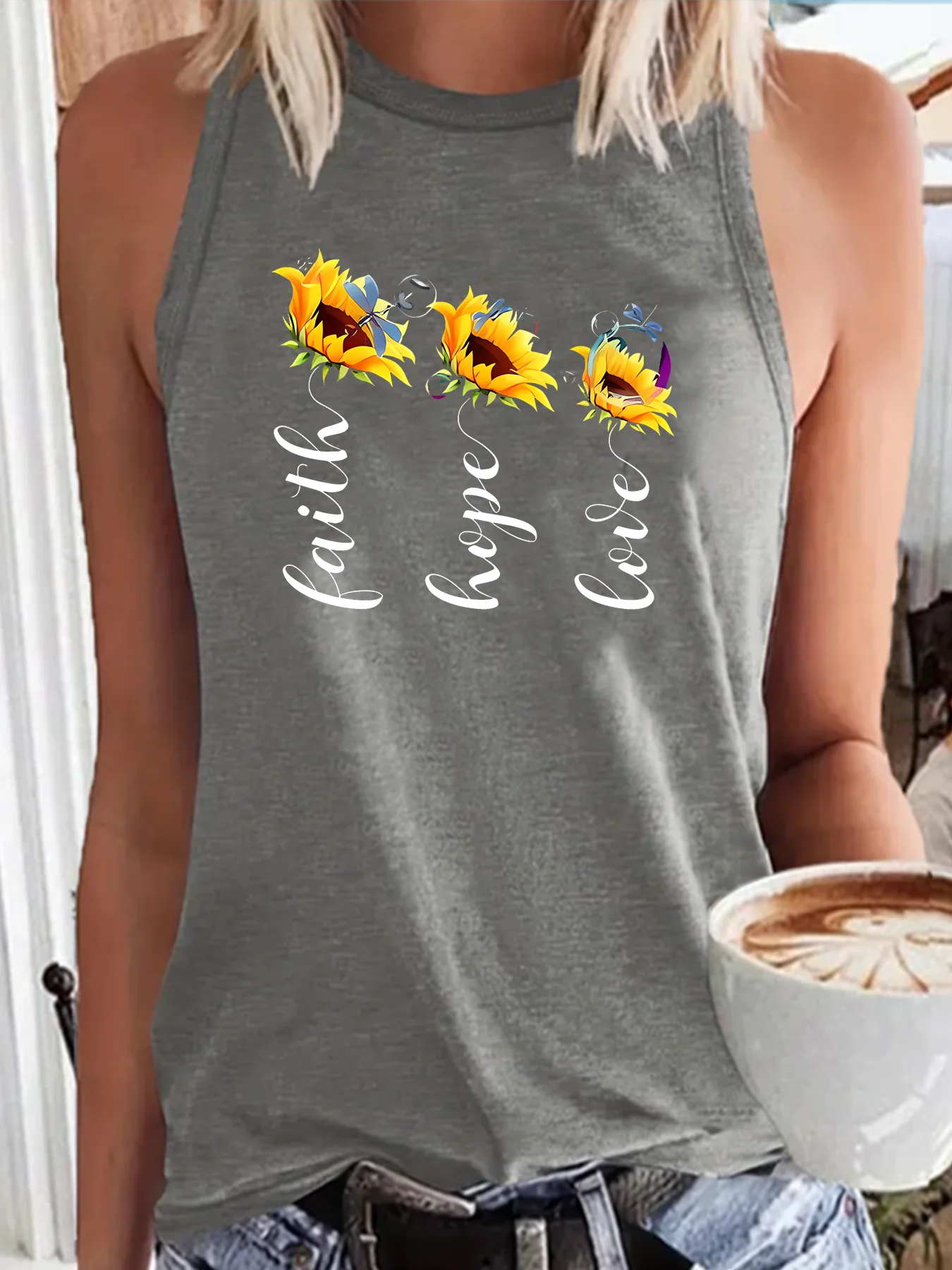 Peace Freedom Faith Sunflower Lettering Print Fashion Funny Sports Women's Tank Top Loose O Neck Sleeveless Casual Tank