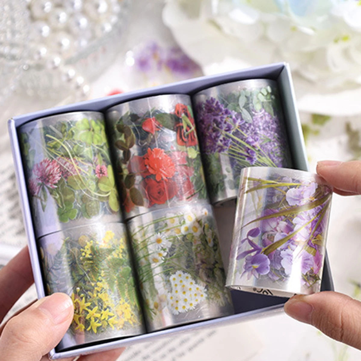 เทปโน้ตบุ๊ก PET 6 ม้วน/กล่อง ลายดอกไม้สร้างสรรค์ สำหรับตกแต่งสมุดโน้ตและทำสมุดภาพ ของขวัญสำหรับเพื่อน