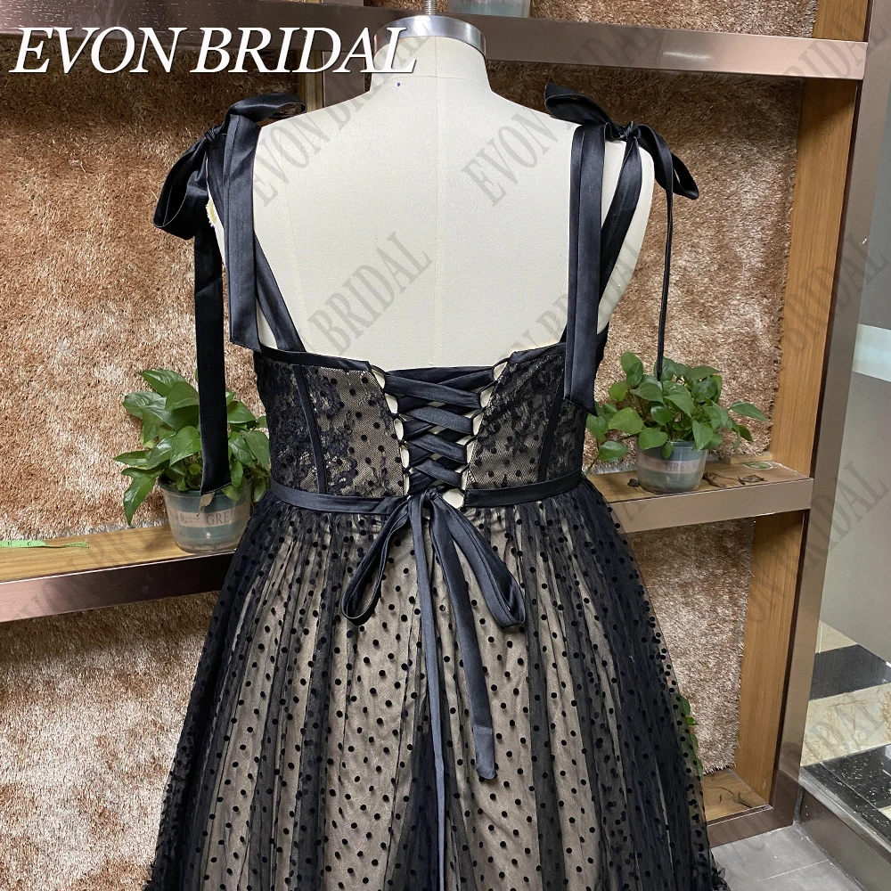 EVON BRIDAL Black Polka Dots Prom Gowns A Line Tea Length Bow Straps Evening Party Dresses Lace Up Backless vestidos de fiesta