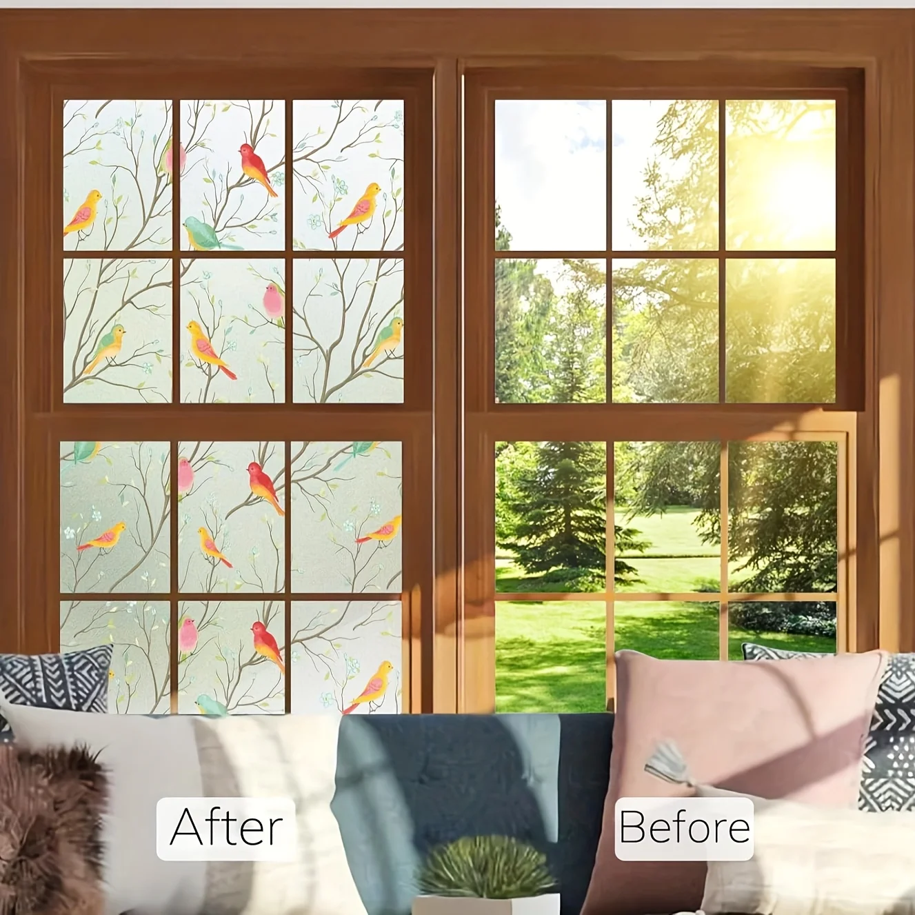Frosted Privacy Window Film Roll Bird Vine Pattern Static Cling UV Block Heat Block for Home Decor Bathroom Kitchen