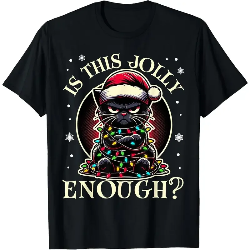 Men's Classic Regular-Fit Breathable Cotton Short-Sleeve Round Neck Christmas T-Shirt - Funny Black Cat Tree Lights Print, Hem, Shape-Hold Stitching, Casual Siblings Outfit Top, Christmas Funny Gifts, All Seasons