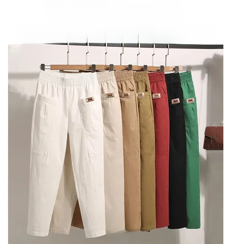 Damen elastische Taille Baumwoll hose falten frei entspannte Passform gerade Bein Hose lässig locker