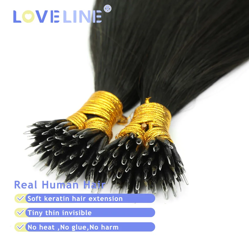 LOVELINE ekstensi rambut cincin Nano, ekstensi lurus manusia ujung Nano 14-24 inci 0.8g/untai mikro Bead Fusion rambut