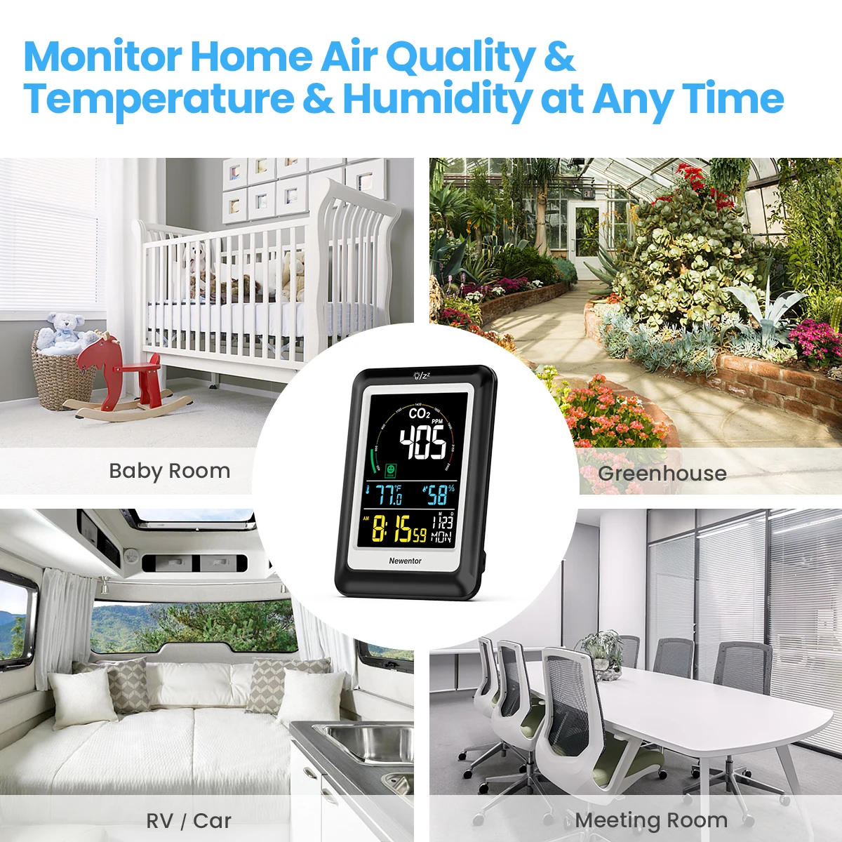 Newentor 5 in 1 Air Quality Monitor CO2 Meter Real-time Dectect Carbon Dioxide Meter Digital Temperature Humidity Detector