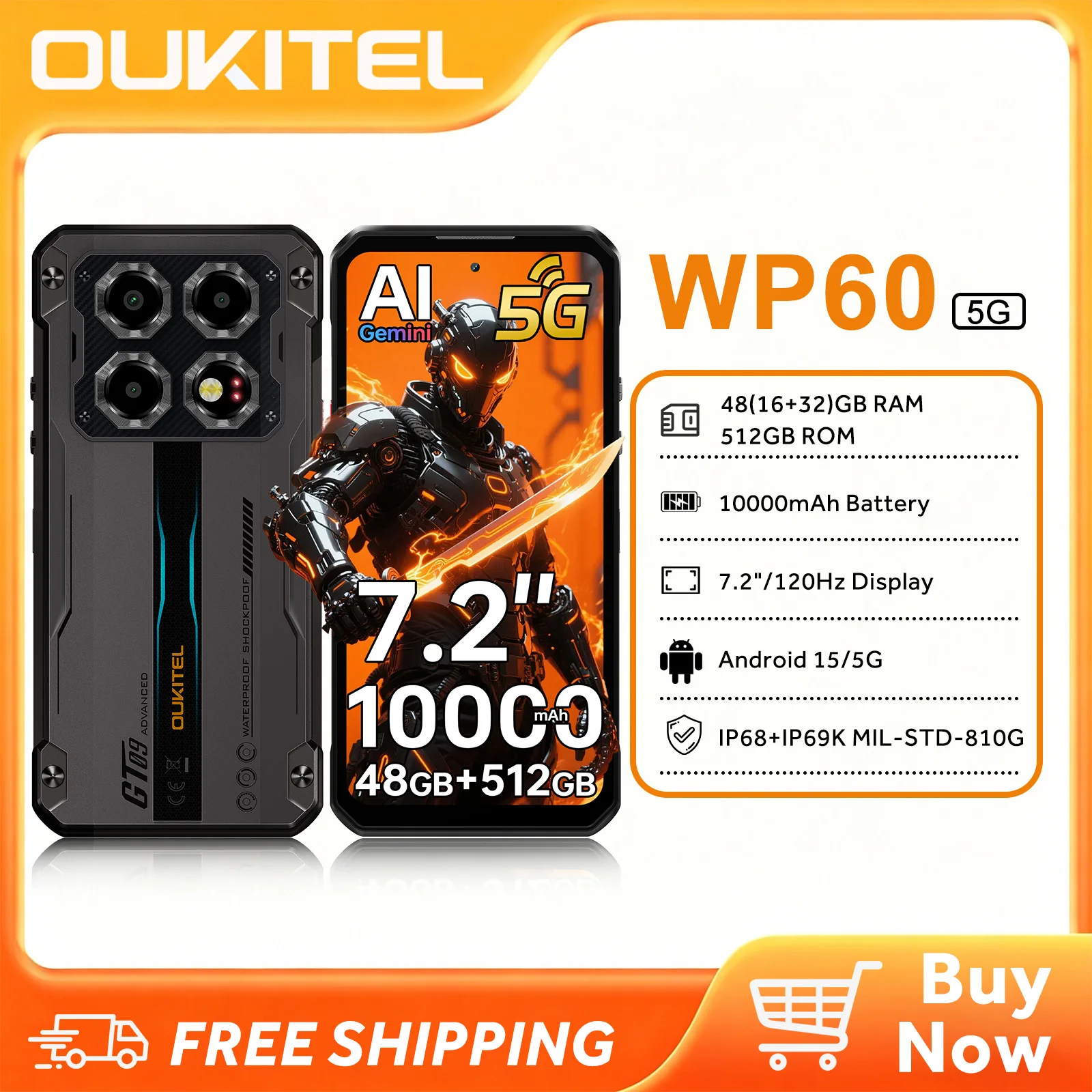 OUKITEL WP60 5G Rugged Phone Unlocked 7.2" Display,  10000mAh/33W Smartphone，48GB RAM+512GB ROM/TF 2TB, 108MP Camera, IP68/IP69