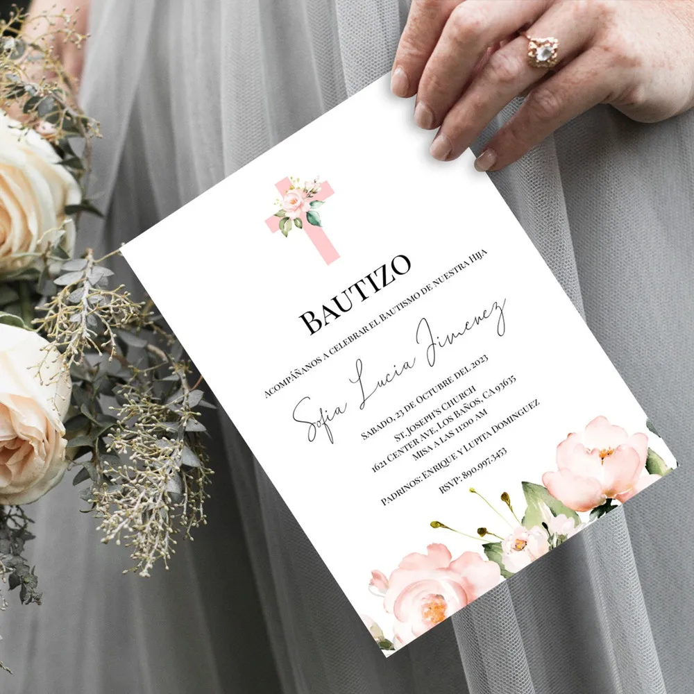 Invitacion de Bautizo Bautizo Invitation in Spanish, Blush Florals, Religious Invite, Girl Baptism Card