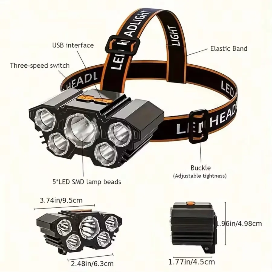 2pcs Multifunctional 5LED Headlight Head Mounted Flashlight Outdoor USB Charging Fishing Headlight 4-Mode Headlight Flashlight