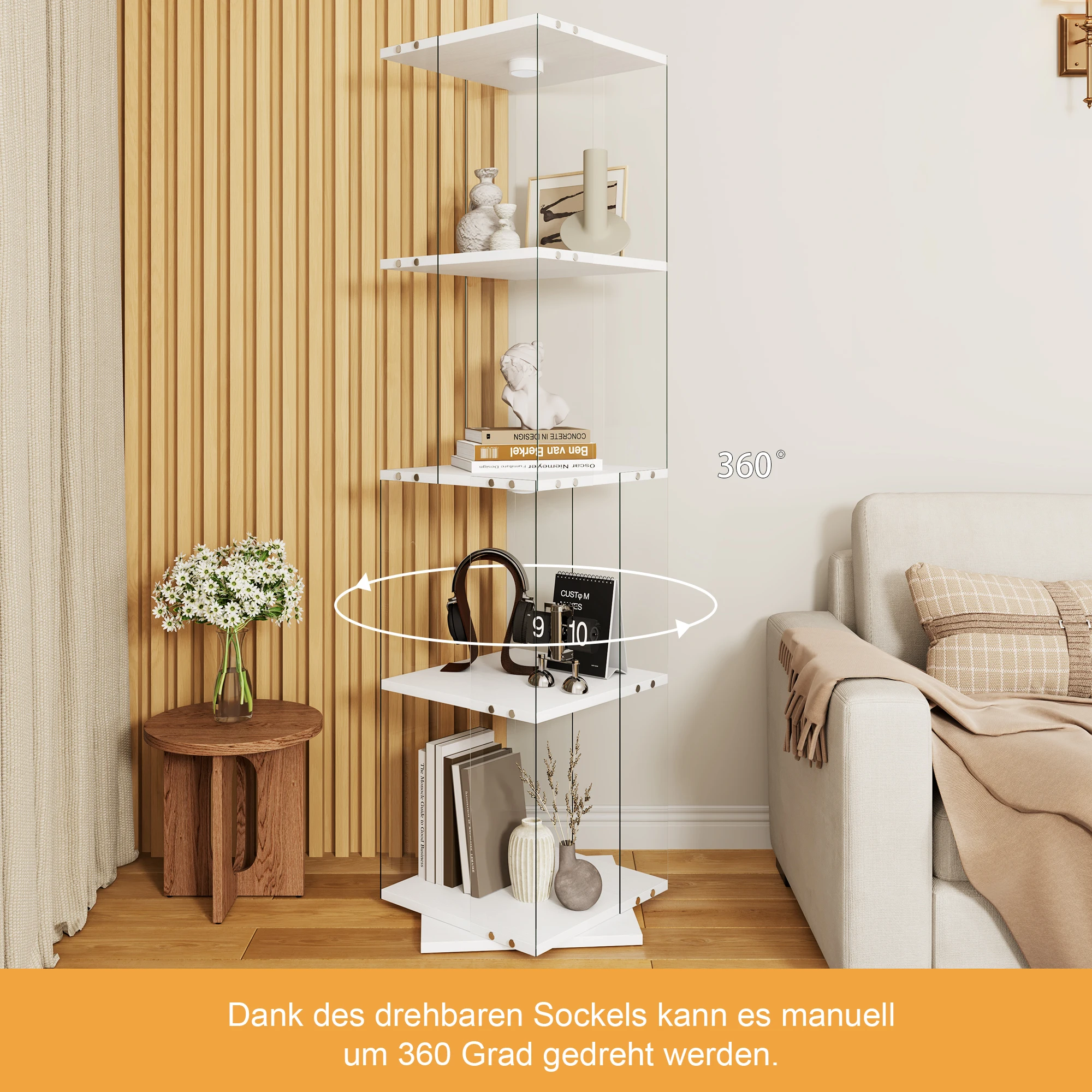 Vitrina de cristal, armario de cristal con 4 estantes, vinoteca giratoria de 360° y vitrina de colección para figuritas, baño y cocina, diseño moderno en blanco, capacidad de carga de hasta 2 kg.