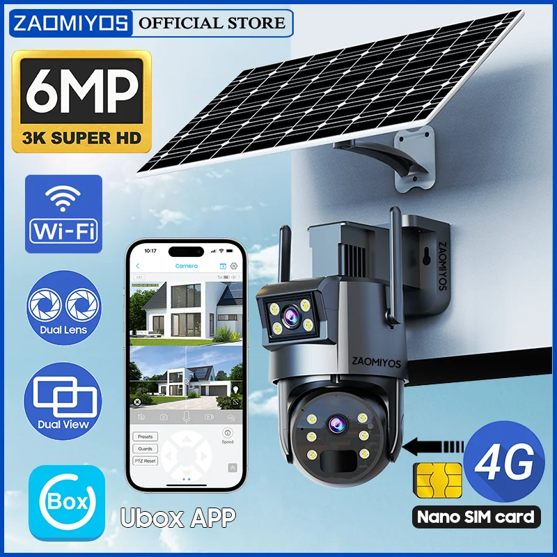 

4G SIM /WIFI Solar Camera Outdoor Dual Lens Security Recording Humanoid Tracking Surveillance 3K 6MP Color Night Vision PTZ Cam