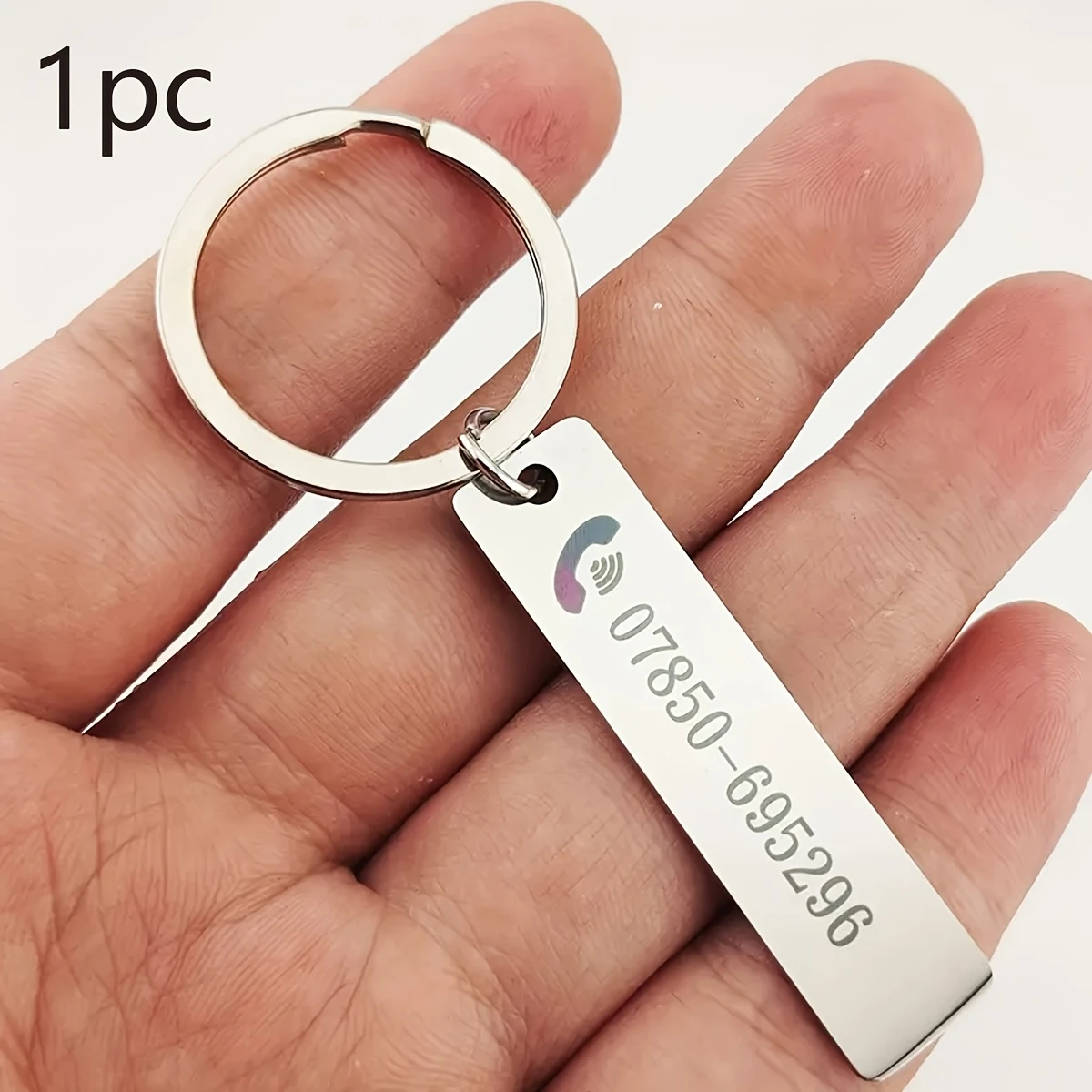 Custom engraved stainless steel keychain. Double-sided design with name & phone number, anti-lost and a nice practical gift.