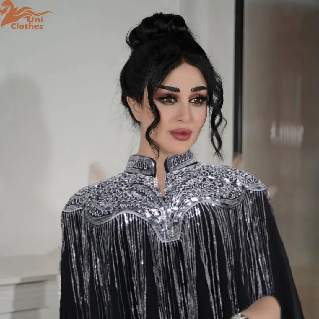 New Muslim Elegant Abaya Sequined Tassel Heavy Duty Two-Piece Dress Beading Islam Black Dress Dubai Long Woman Evening Robe Z160