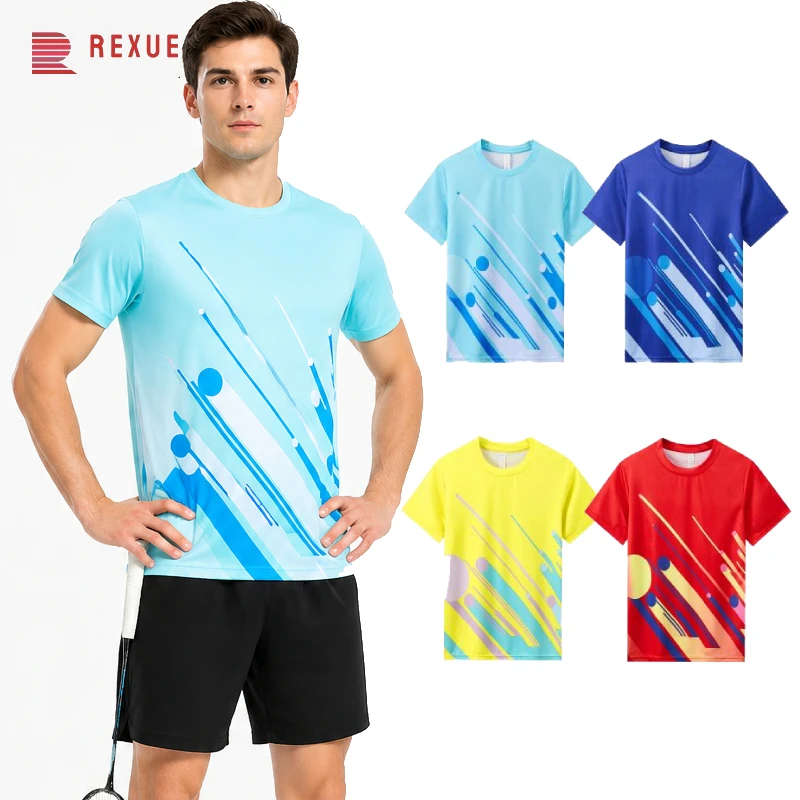 Men Badminton Shirt Quick Dry Breathable Sports Tee 3D Graphic Summer Training Jersey Round Neck