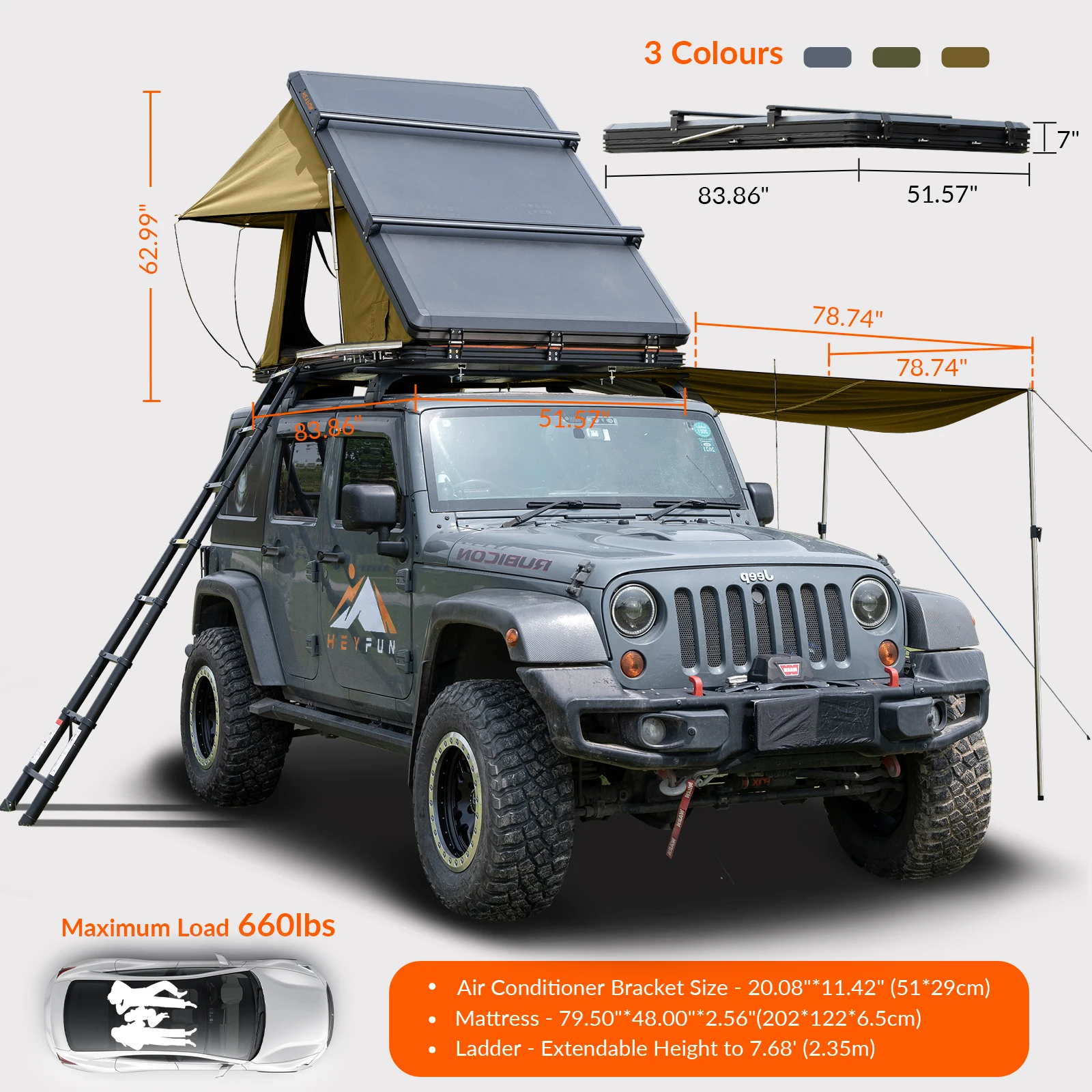 Adventurer Plus Rooftop Tent with Side Awning, Air Conditioner Outlet with Bracket & Replaceable Rain Flies