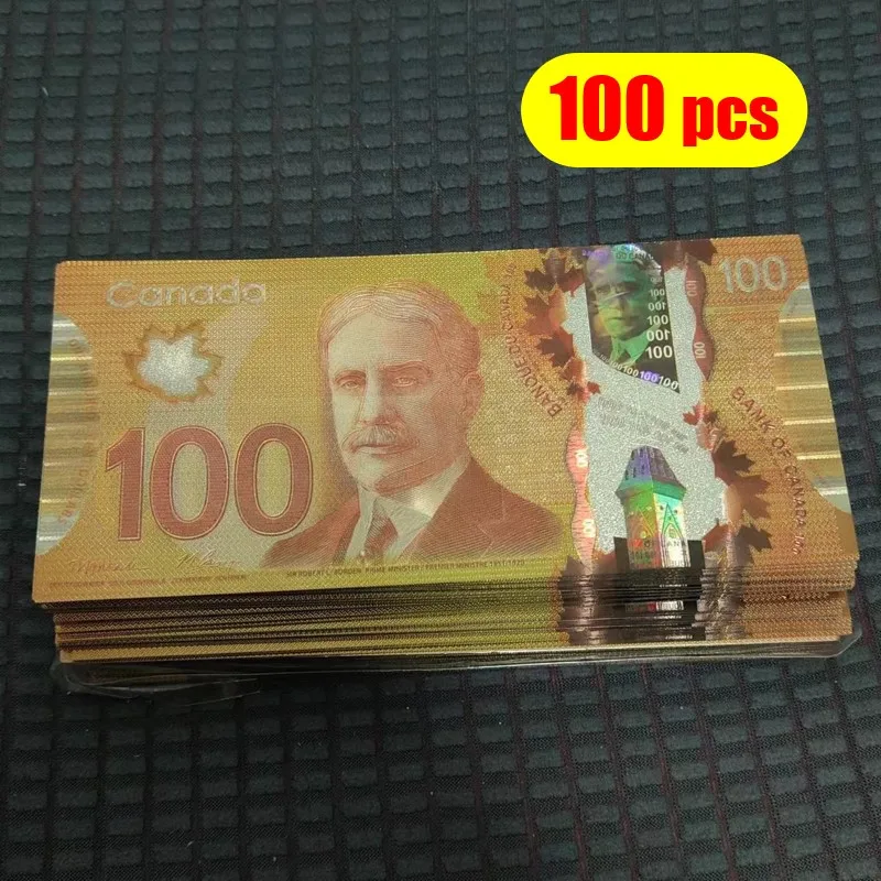 100pcs 100 Dollars Canada Dollar Canada Money Gold Banknotes Replica Notes Canada Ticket in 24k Gold Plated For Collection