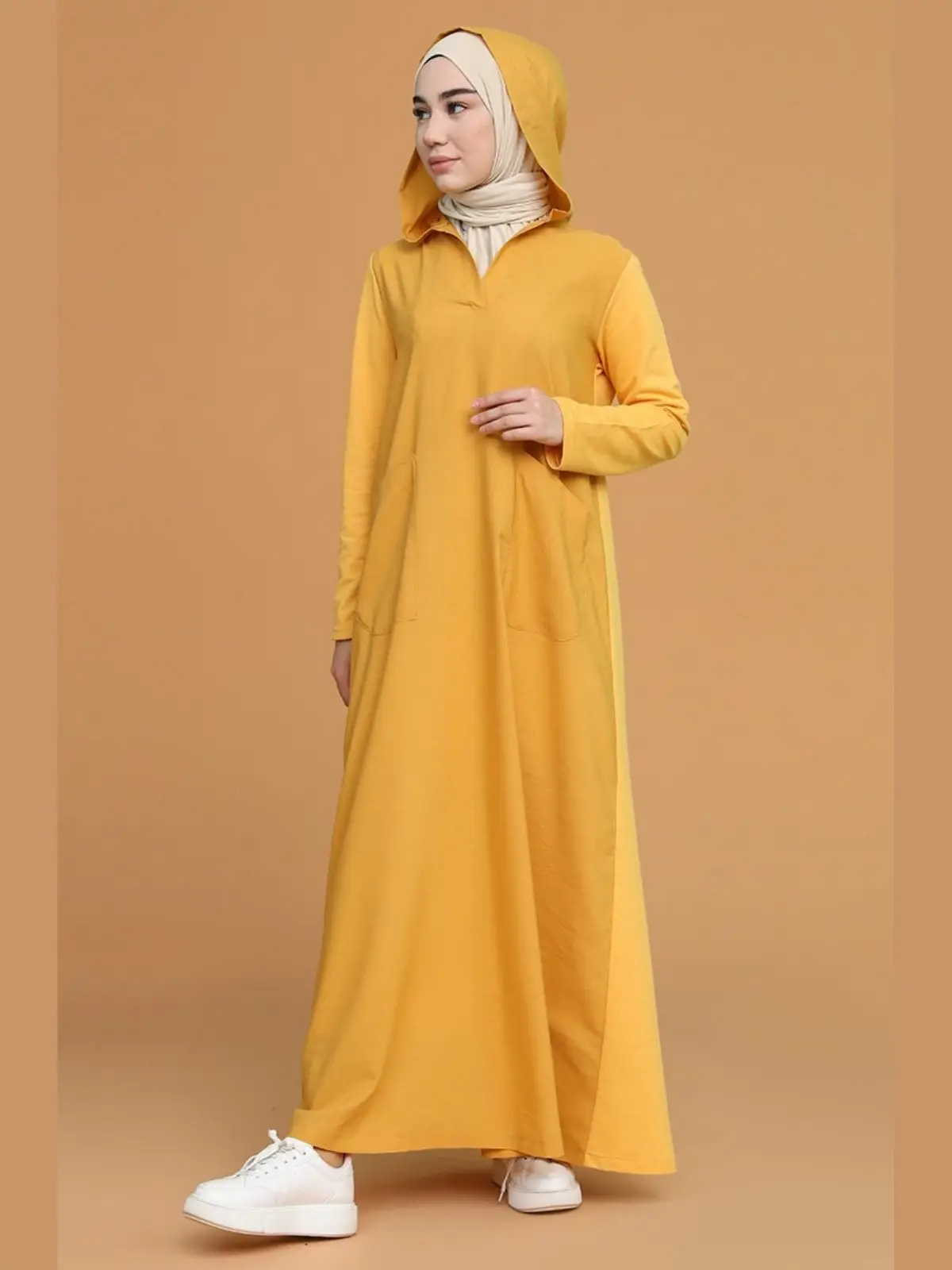 Hooded Pocket Dress Cotton Long Sleeve 4 Seasons Women Muslim Fashion Hijab Clothing Stylish Suitable