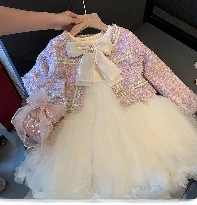 2 szt. Słodkie stroje dla dzieci dziewczyny zestawy ubrań księżniczki wiosna jesień moda dziecięca płaszcz + sukienka stroje w stylu vintage garnitur — zdjęcie 2