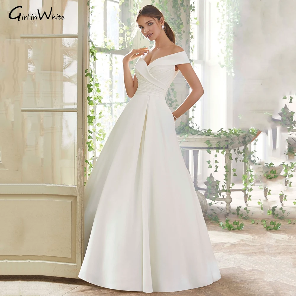 Elegantes vestidos de casamento cetim para mulheres, fora do ombro, vestes de noiva, decote em v, branco, vestidos nupciais sem encosto