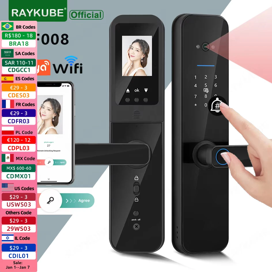 

RAYKUBE F008 Tuya Wifi peephole HD Camera Fingerprint Digital Smart Door Lock With Doorbell Built-in Gateway APP Remote Unlock