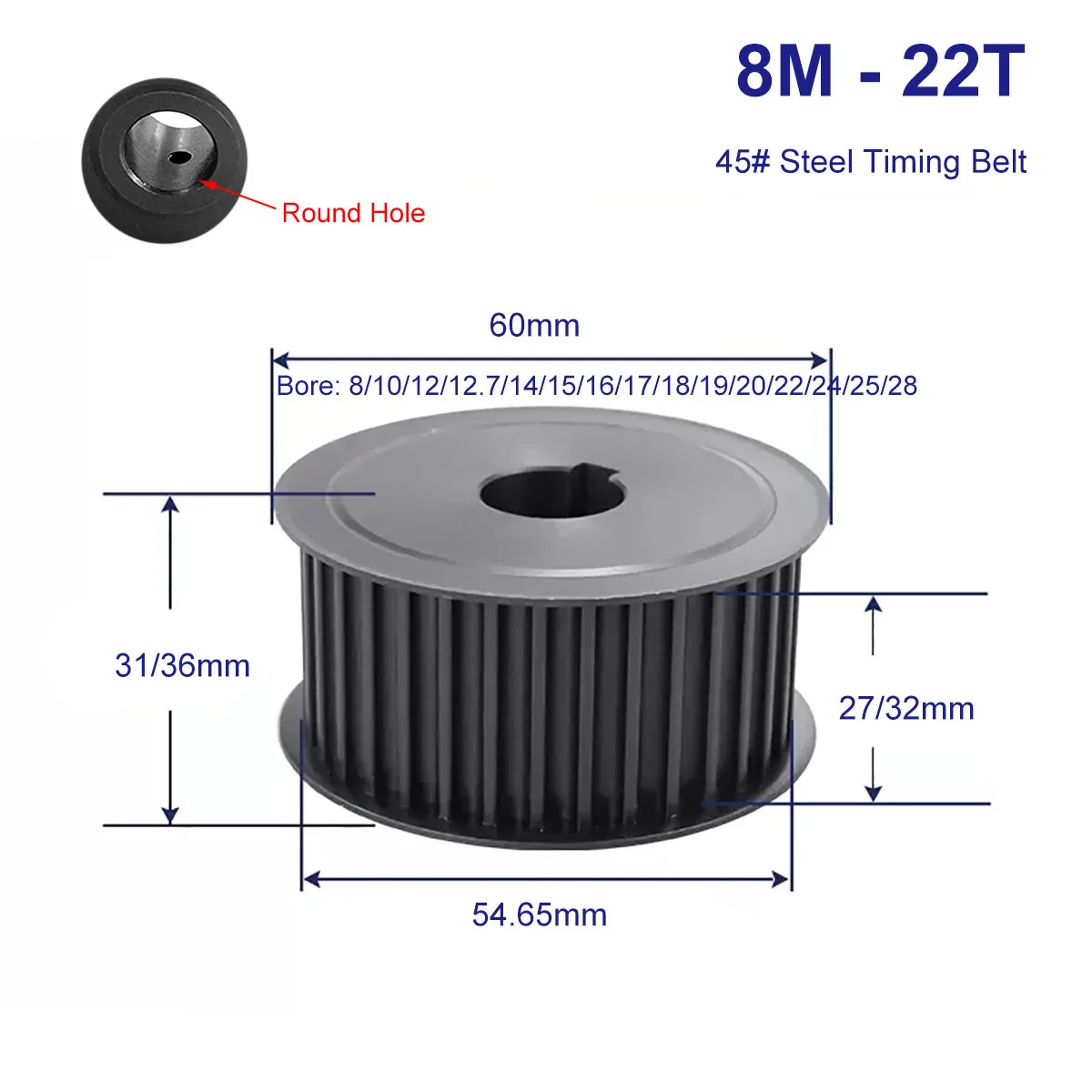 

HTD8M 22 Teeth Keyway Synchronous Pulley 45 Steel Slot Width 27/32mm Industrial Transmission Pulley AF 5M-22T Timing Belt Pulley