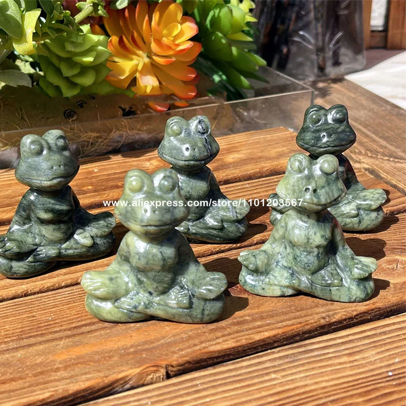 Vintage Serpentine Jade Meditation Zen Buddhist Frog Statue Art Trinket Natural Quartz Crystal Stone Yoga Animal Sculpture Altar