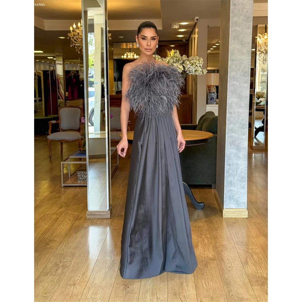 Sansa Customized Grey Backless A-line Strapless Prom Dresses Feathers Sleeveless Vestidos De Noche Floor-Length Formal Evening