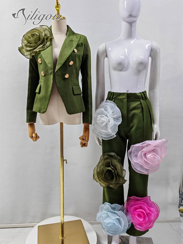 

Ailigou 2024 New Women's High Quality Army Green 3D Flower Decoration Solid Color Sexy Party Suit Set