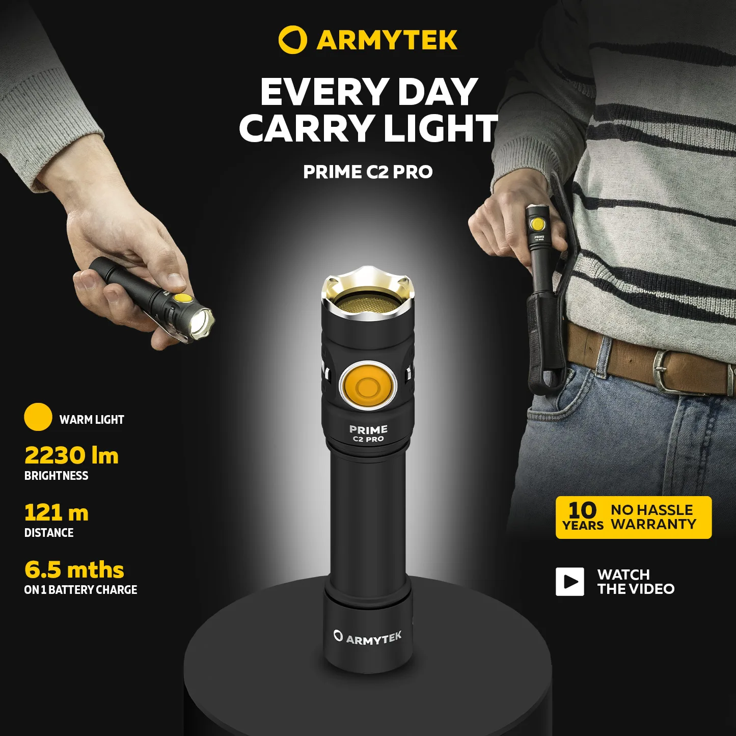 LED Flashlight Armytek Prime C2 Pro 2400/2230 Lumens USB Rechargeable EDC Flashlight 2 in 1 (F08101C/F08101W)