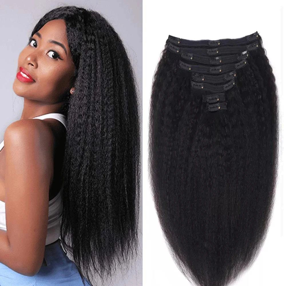 Extensions de Cheveux Humains Crépus Lisses à Clips pour Femme, Cheveux Vierges Brésiliens, Noir Naturel, 8 Pièces par Ensemble, 18Clips