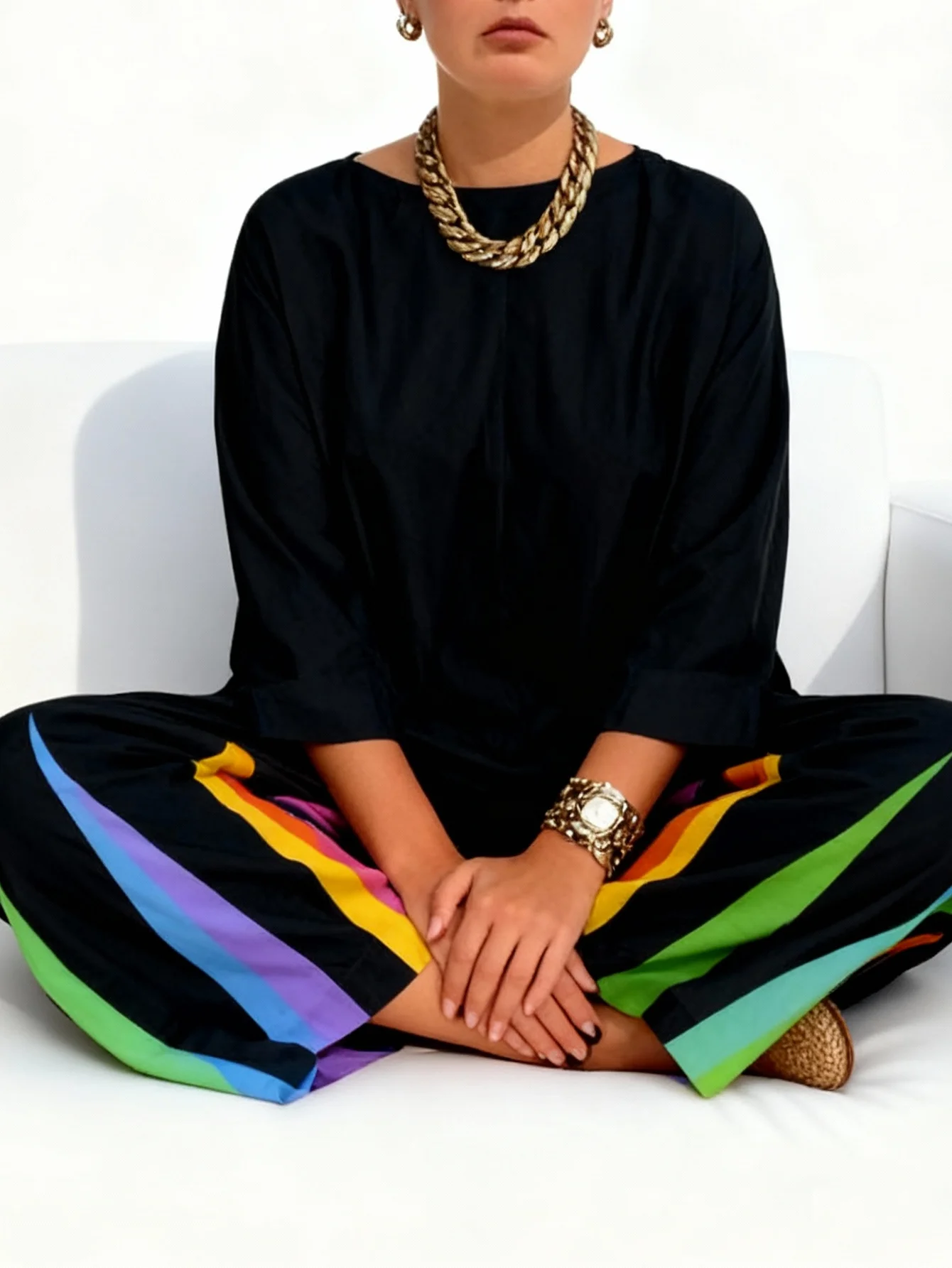 レディースジャンプスーツ、無地カジュアル長袖ストライプ丸首ジャンプスーツ