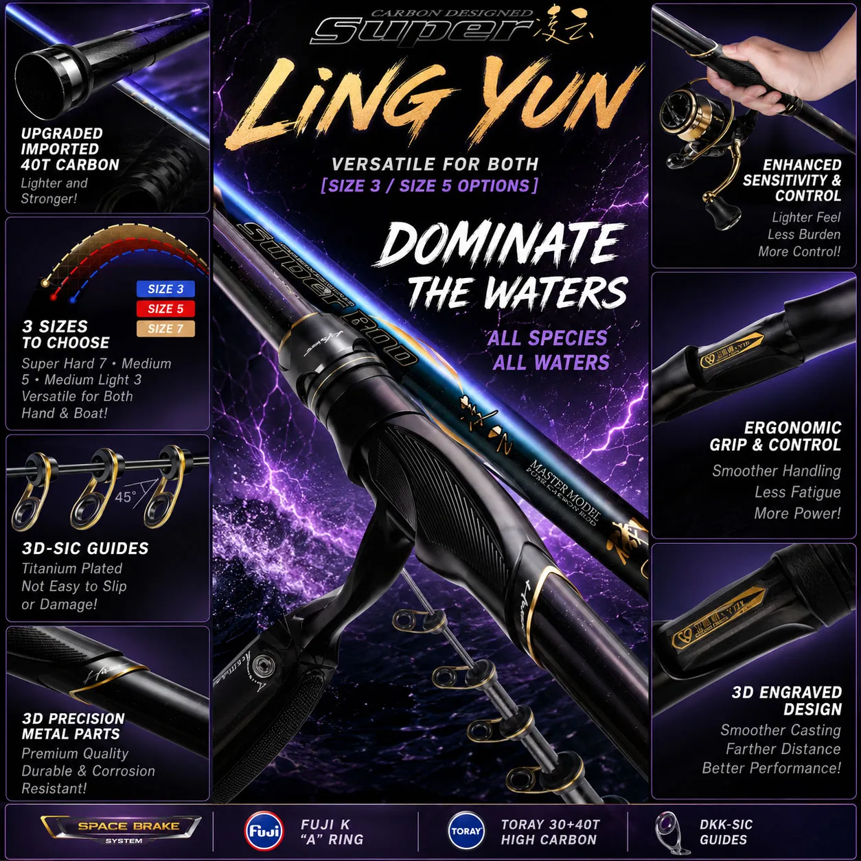 

HASIDA Ling Yun Fishing Rod 40T High Carbon Telescopic Rock Boat 3#-5# 3.6-5.3m 3D SIC Guides Imported Chameleon Coating