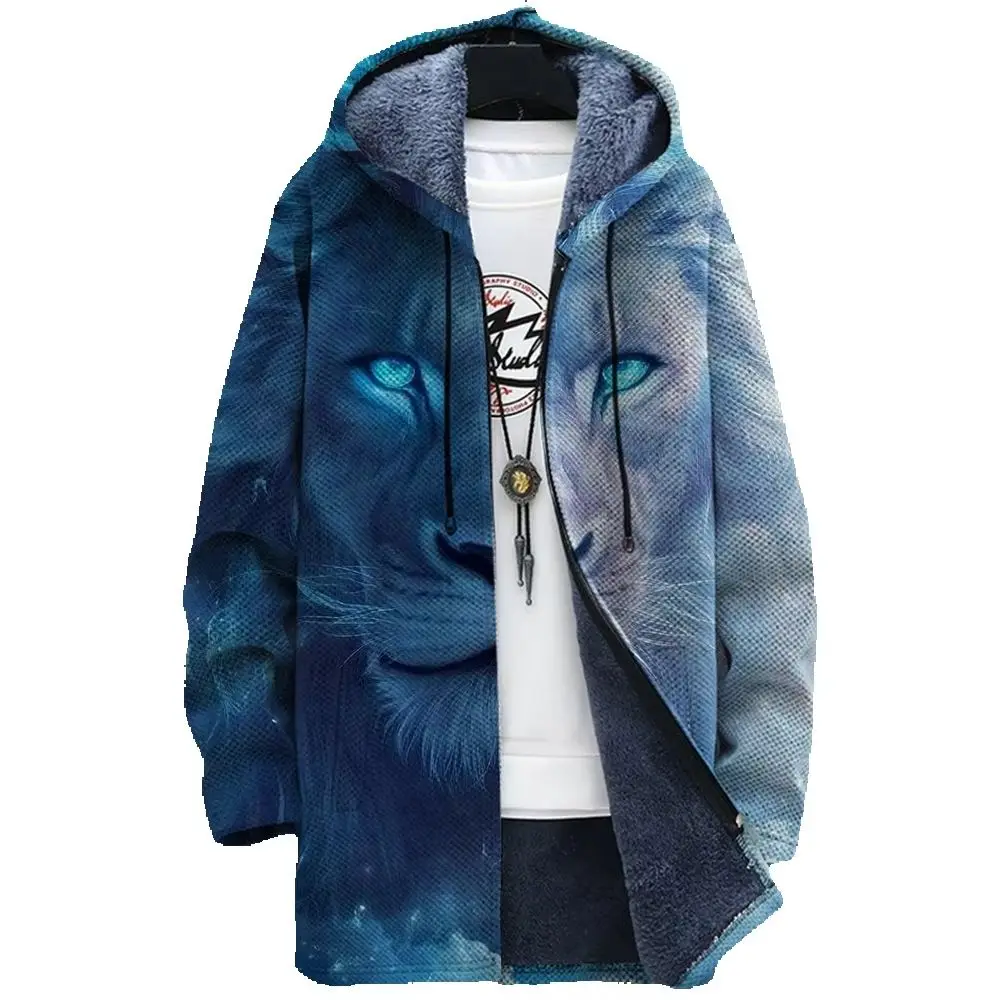 Men'S Animal Graphic Winter Lions Coat Print Pattern Knitted Sweater Cardigan Zipper Hooded With Thick Fleece For Youth