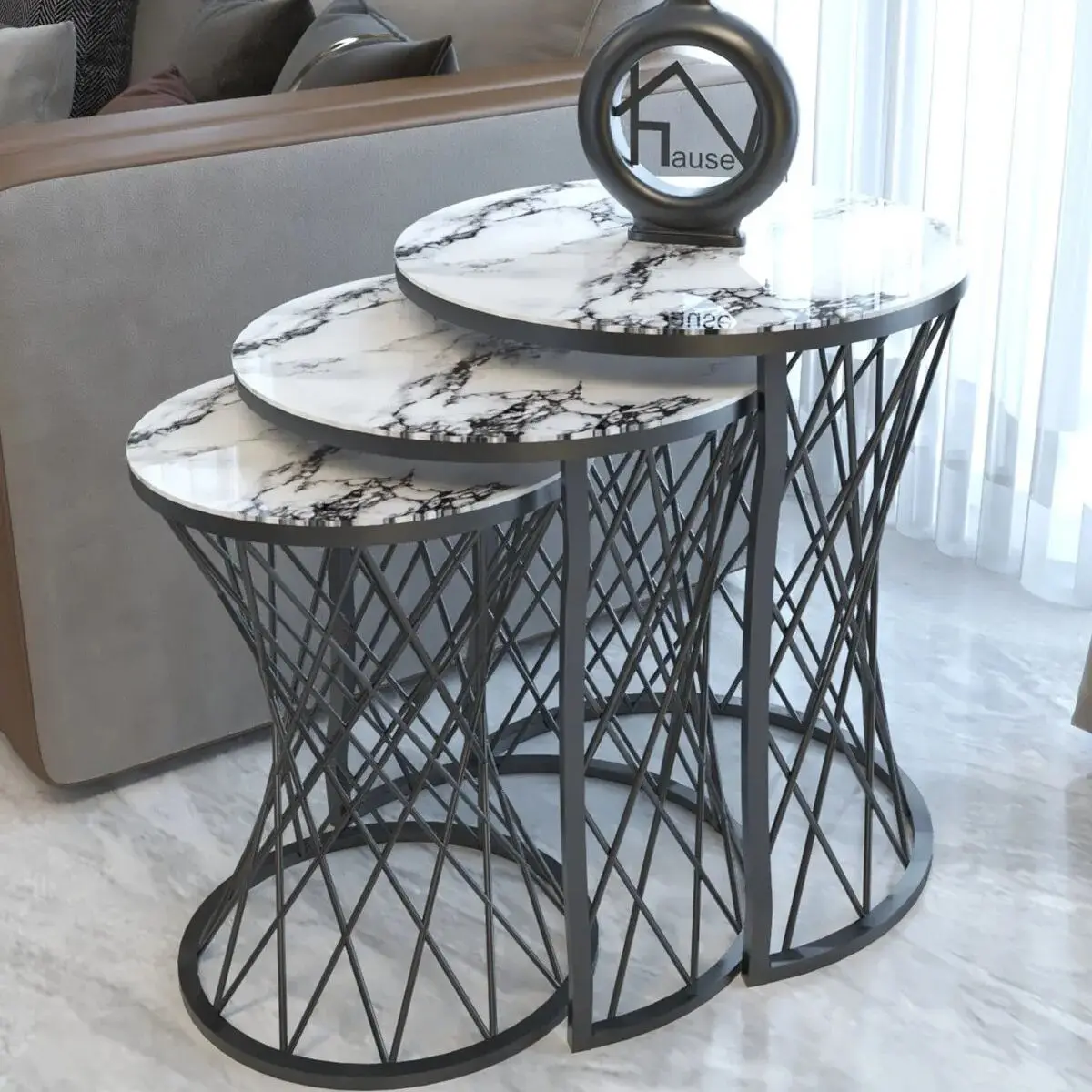 Marble Set of 3 Nesting Table Wicker Leg Unbreakable Tempered Glass Black 3 Pcs Decorative Nesting Table Set for Living Room