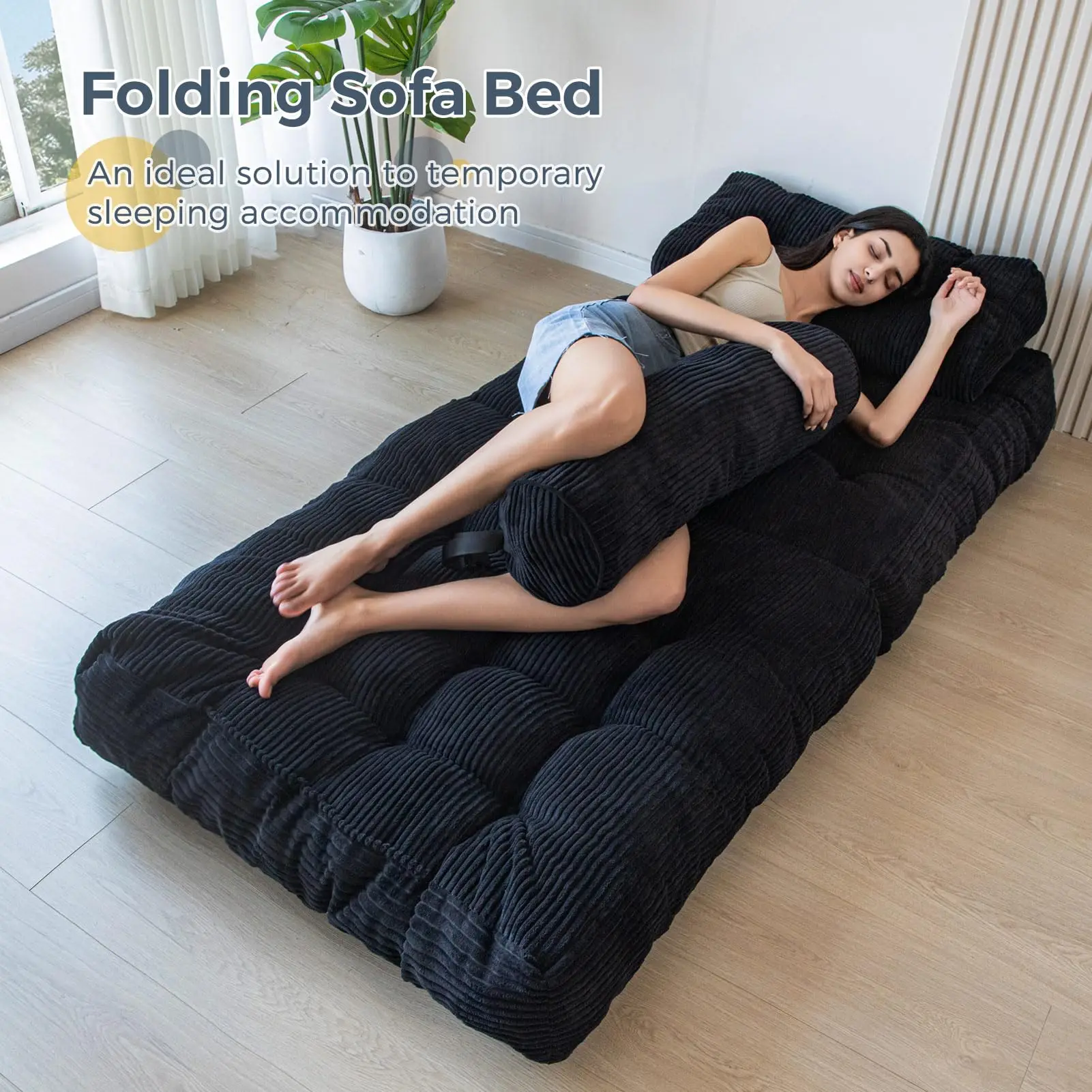 Canapé-lit pliant, fauteuil rétractable avec coussin, lit pliant portable, canapé de sol confortable pour salon et chambre, lit simple noir