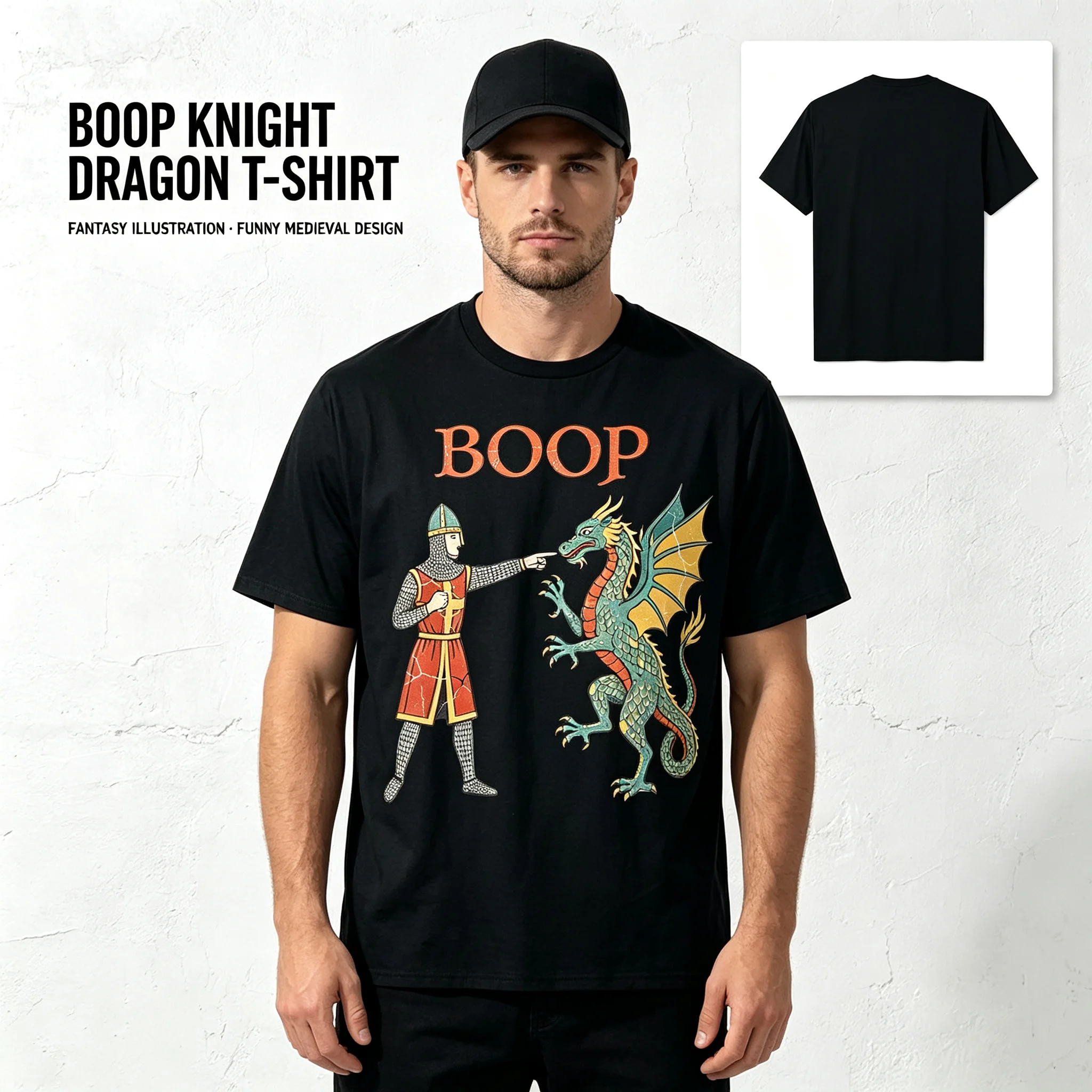 Men Women Casual Boop Medieval Knight Dragon T-Shirt, Funny Graphic Printed Short Sleeve Shirt, Machine Washable Apparel for Renaissance Fair & Themed Party