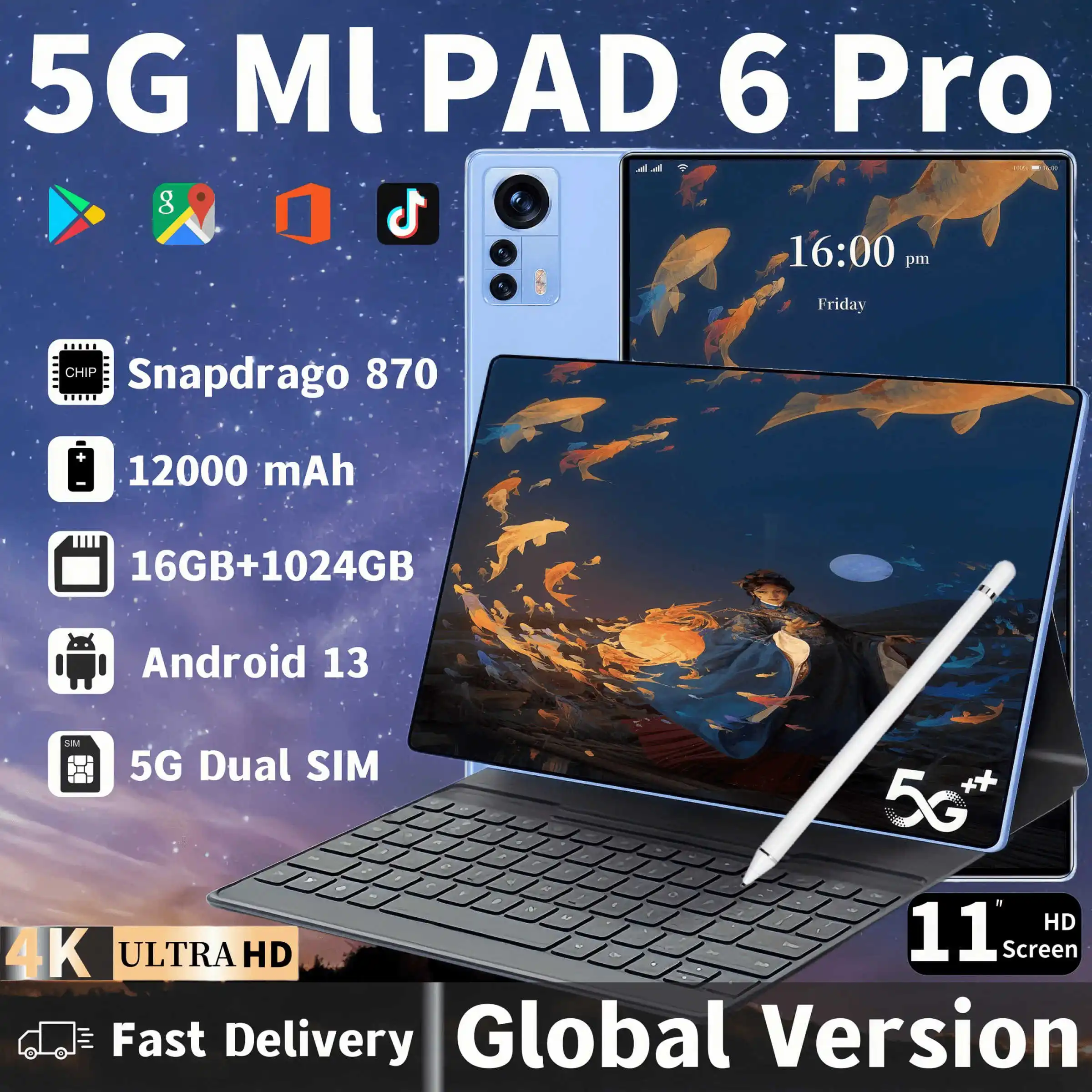 Oryginalny Pad 6 Pro Tablet PC Android 12 Snapdragon 870 11 Cal 16GB 1024GB 5G Dual SIM GPS Bluetooth WiFi Google Tablette Mi