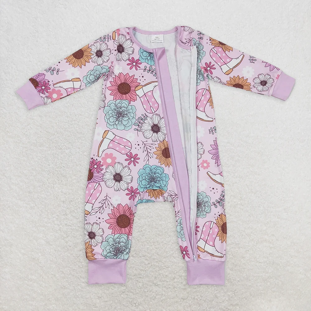 LR0801 Baby Mädchen Winter Strampler Baby Mädchen Rosa Blumen Stiefel Western Langarm Reißverschluss Strampler